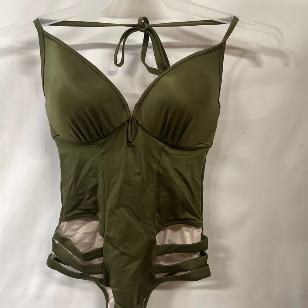 Shade & Shore Swimsuit Women's 32D Green One Piece Bathing Suit Open Cut Out